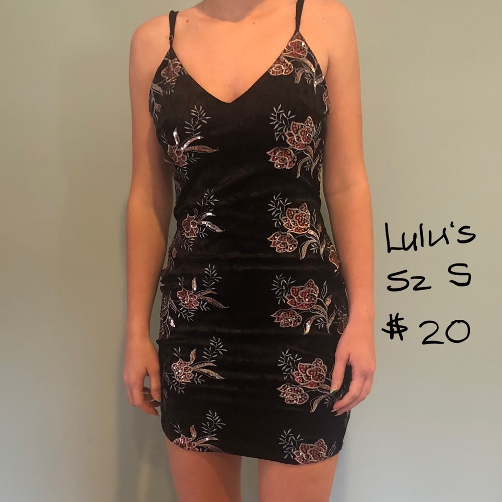 Black Velvet Mini Dress w/ Embroidered Embellishments